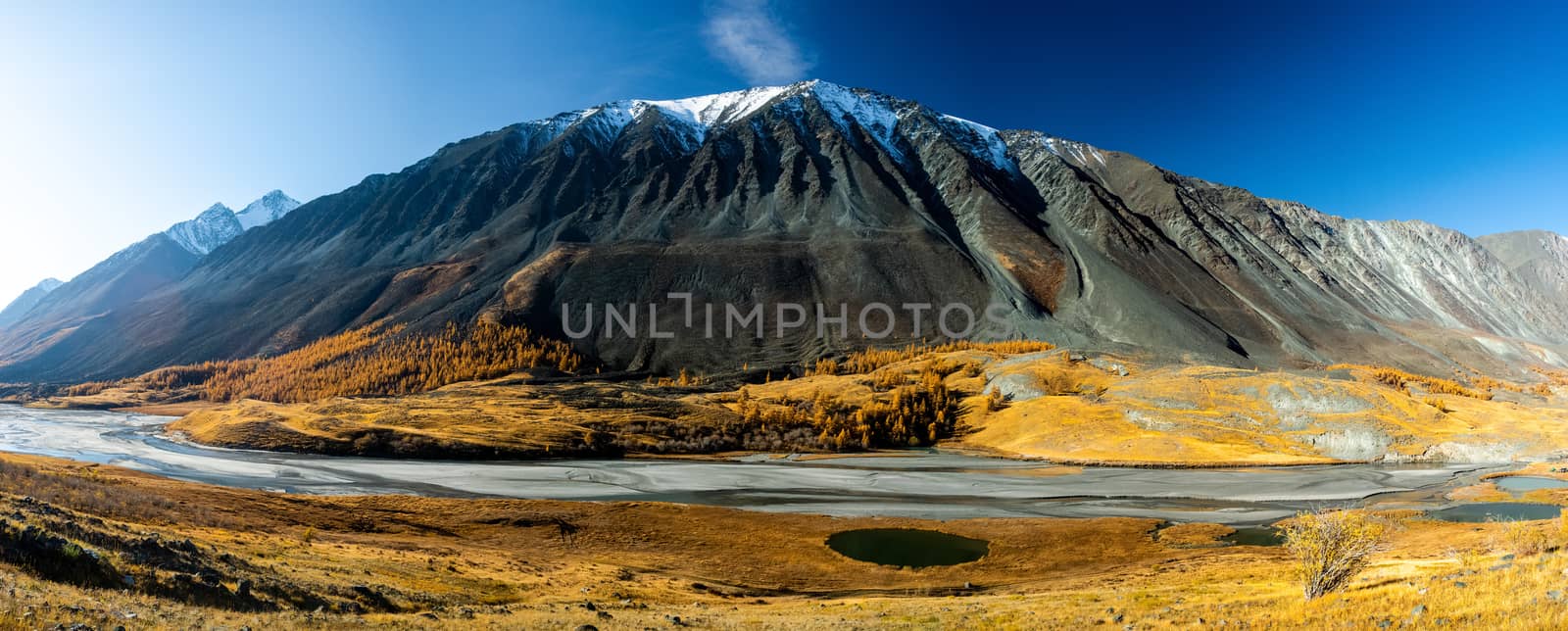 Panorama is the Altai, a mountain river flowing between the Altai mountains and the nature of the area.