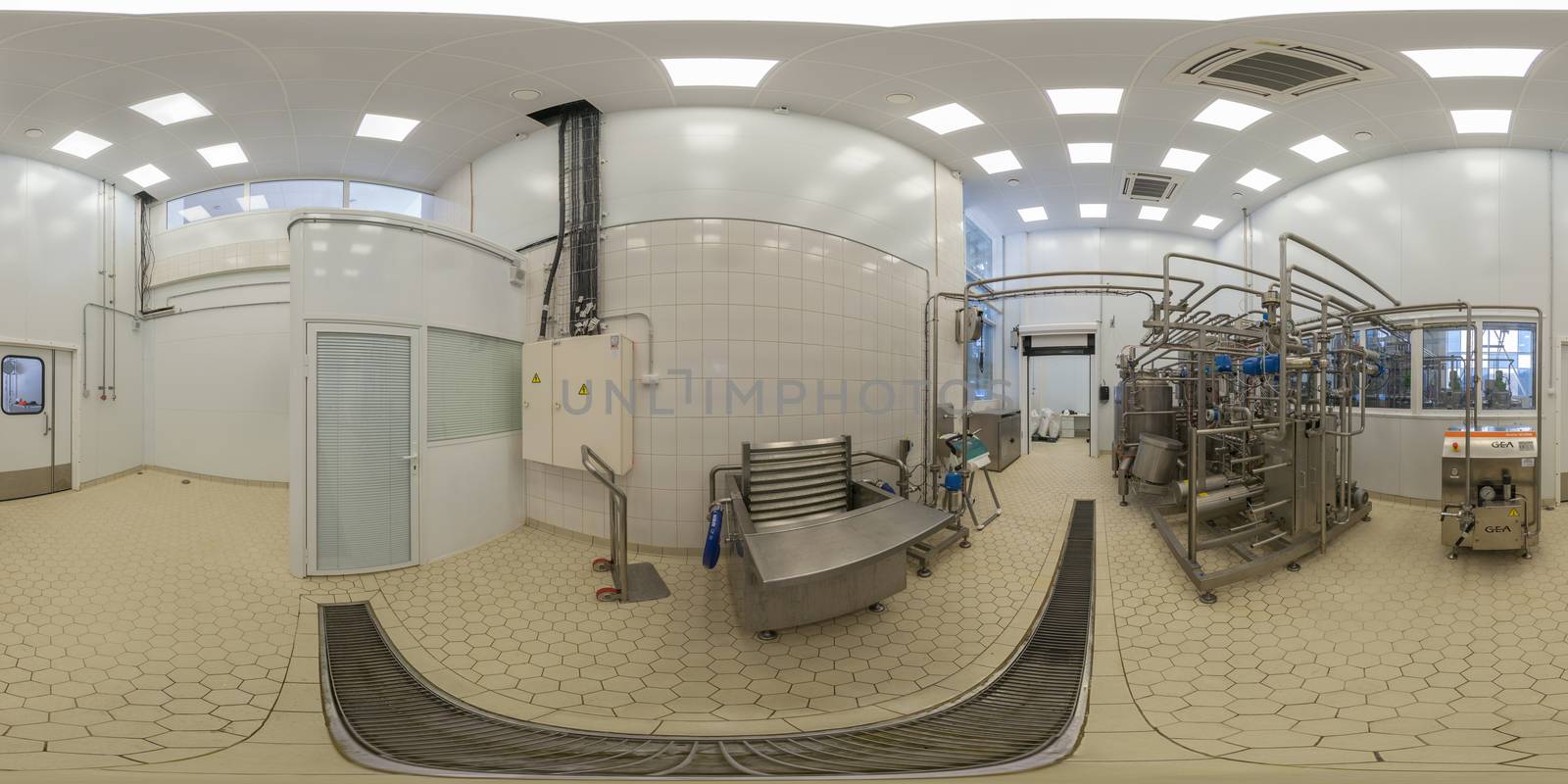 TULA, RUSSIA - FEBRUARY 11, 2013: Inside of food factory laboratory spherical panorama in equirectangular projection. by z1b