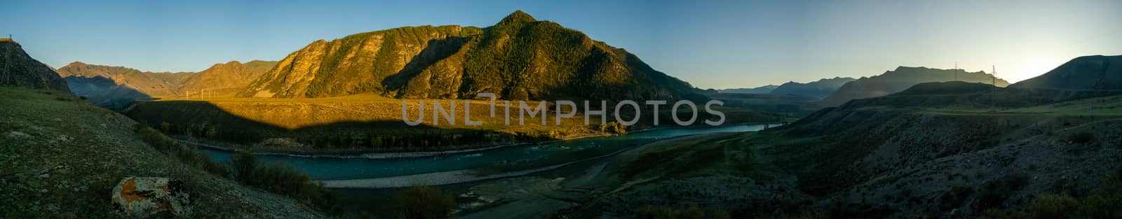 Panorama is Altai, a mountain river flowing between the Altai mountains and the nature of the area. by DePo