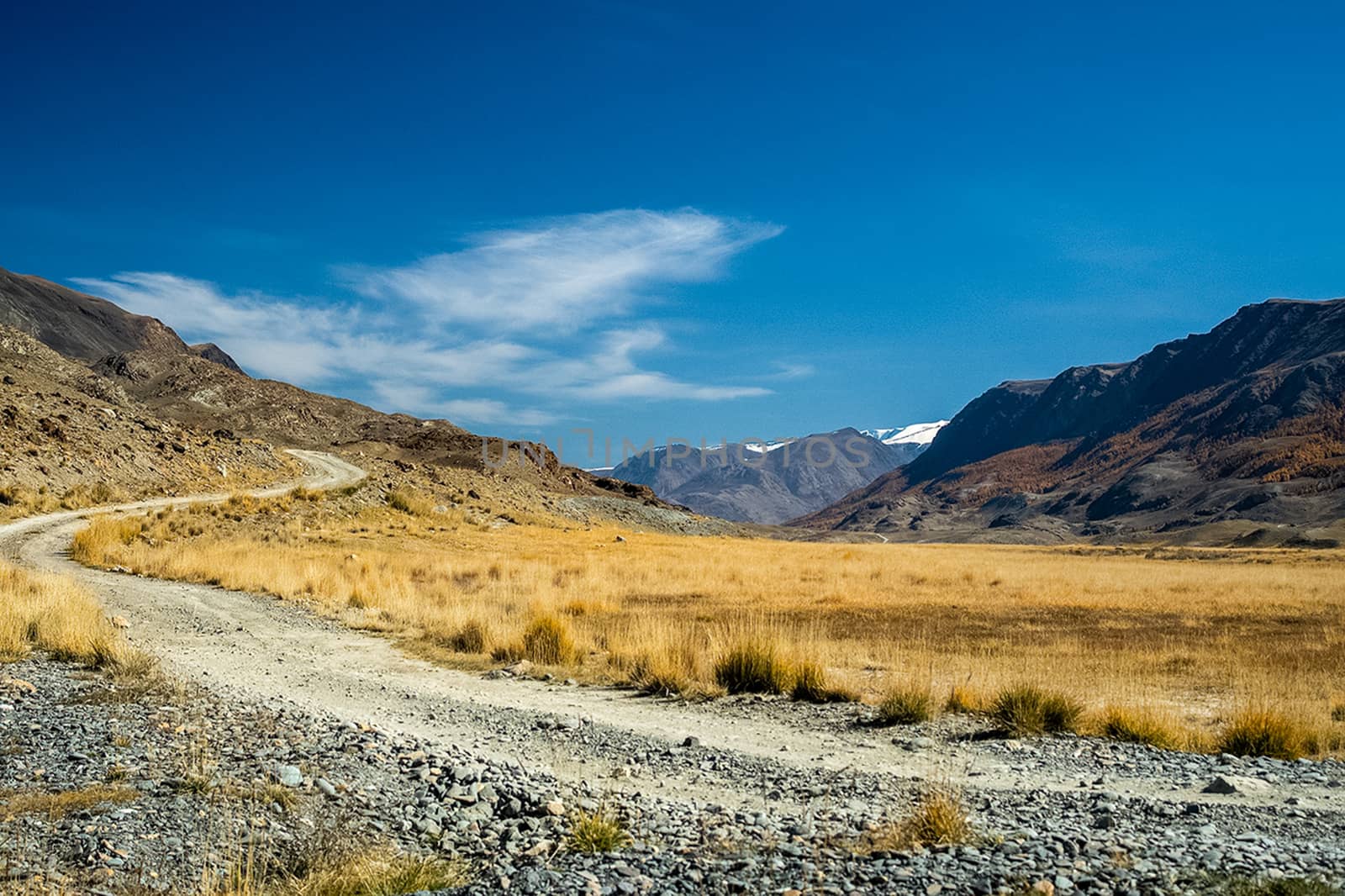 A dirt road in the mountains. The road to the rock. Altai.