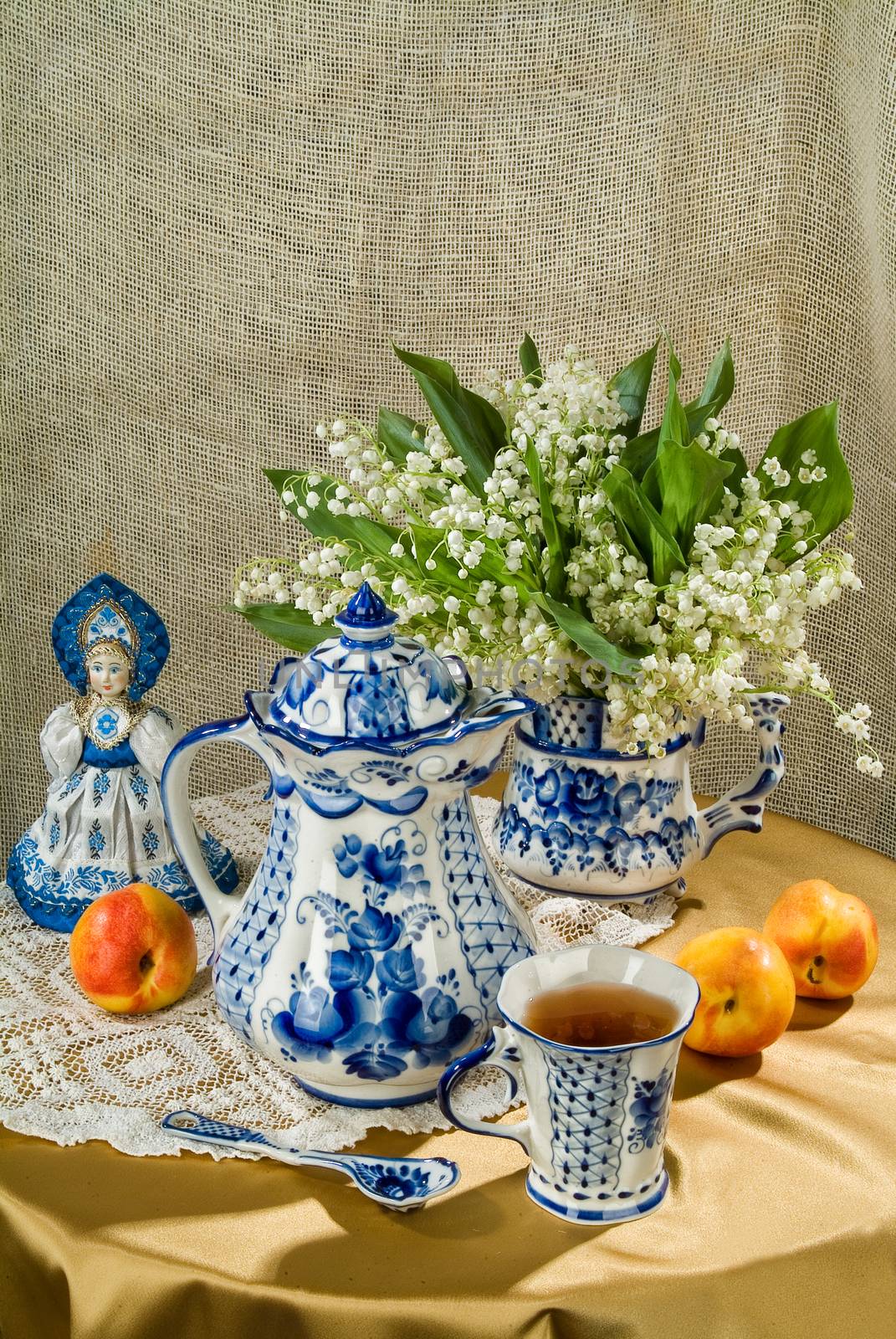 Still life in Russian national style on canvas background