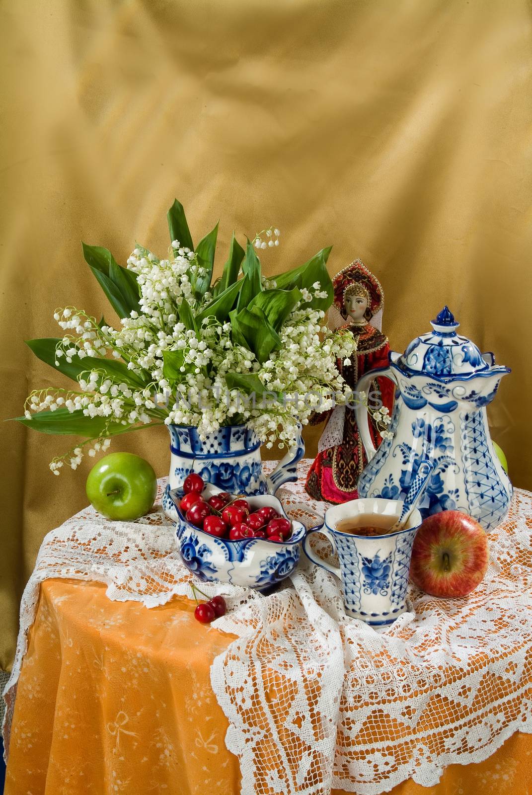 Still life in Russian national style on canvas background