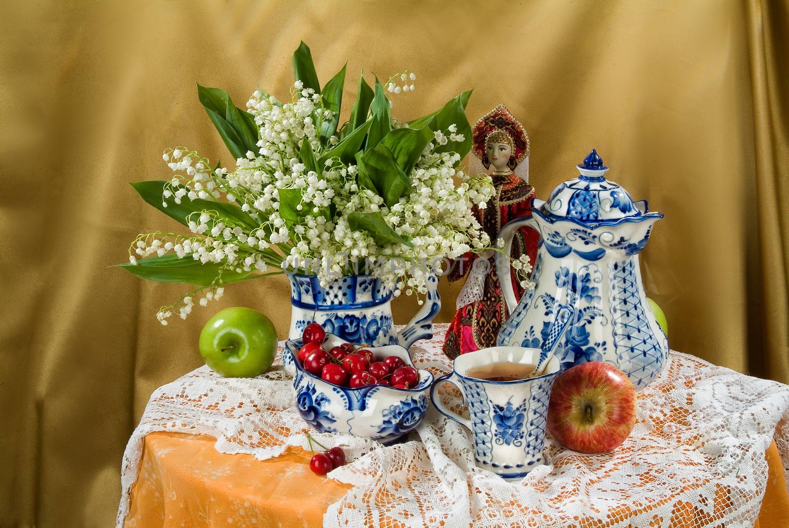 Still life in Russian national style on canvas background