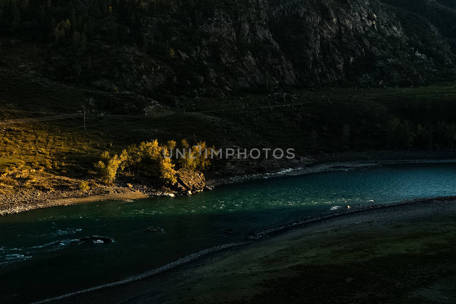 The mountain river flows over the rocks. The rivers are altai. Nature is altai.