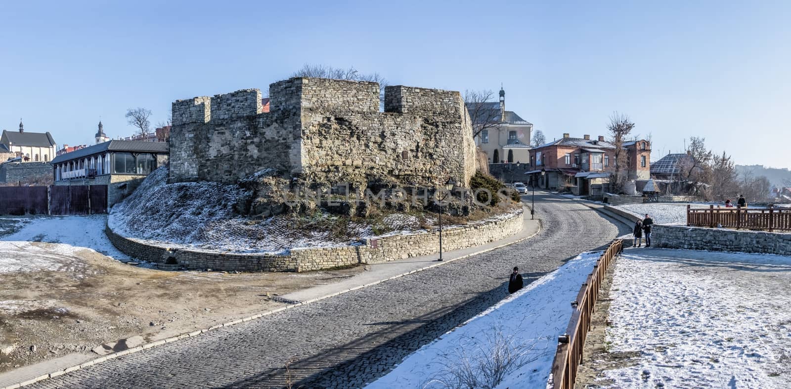 Kamianets-Podilskyi, Ukraine 01.07.2020. Armenian bastion of the Kamianets-Podilskyi old town on a sunny winter morning