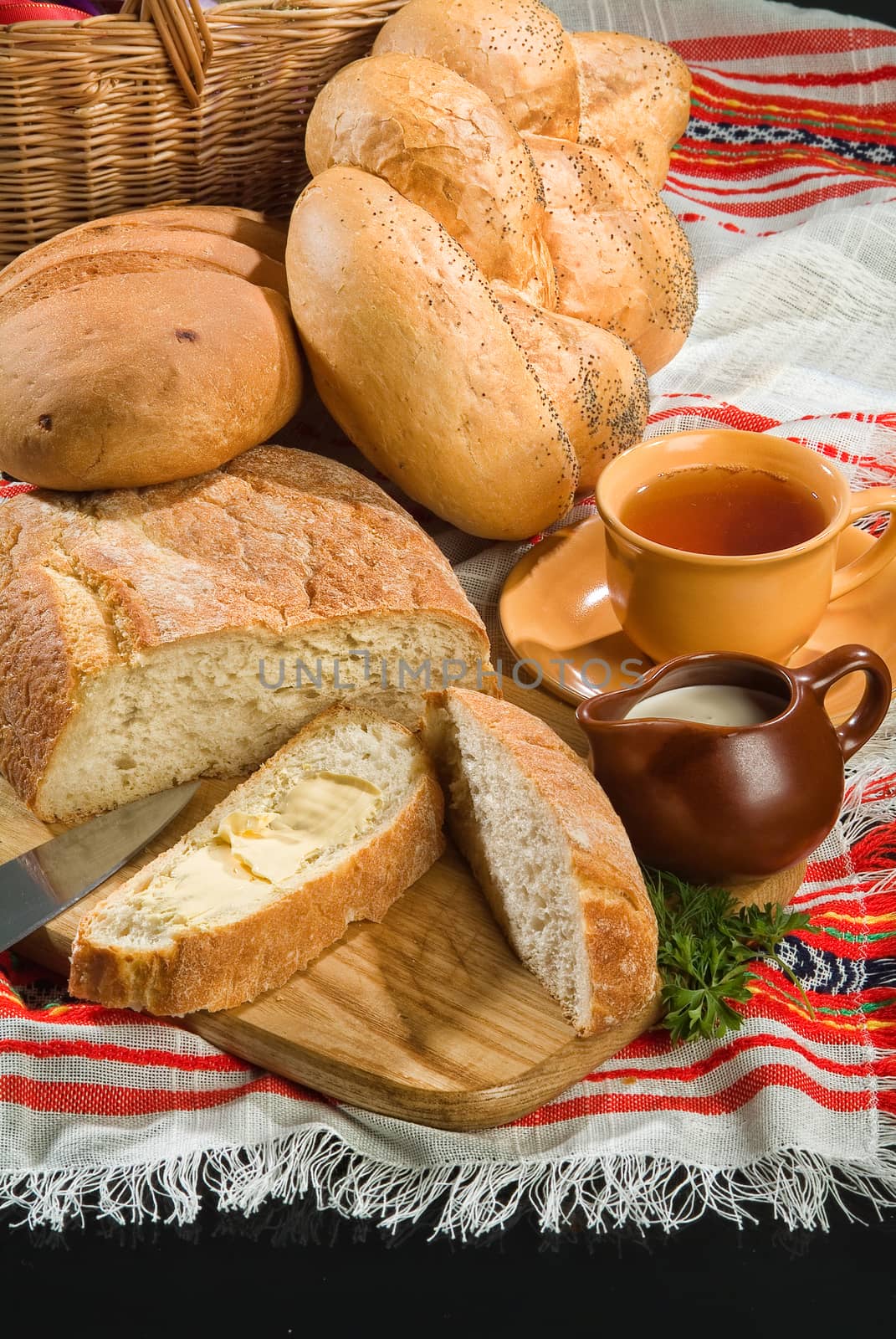 Different kinds of bread on a studio background