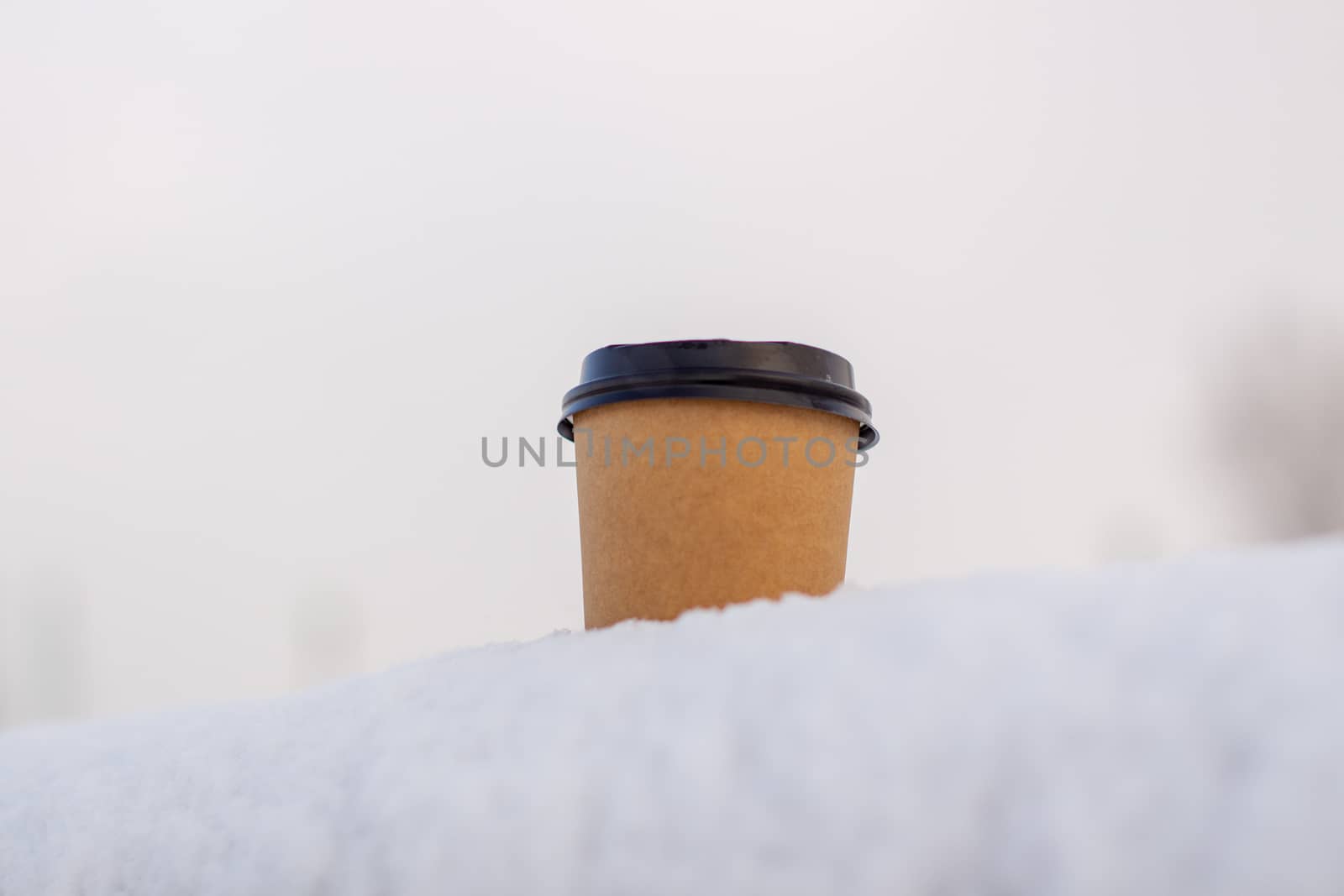 Cardboard coffee Cup in the snow in winter. Hot drink tea or coffee in a glass in winter outside.