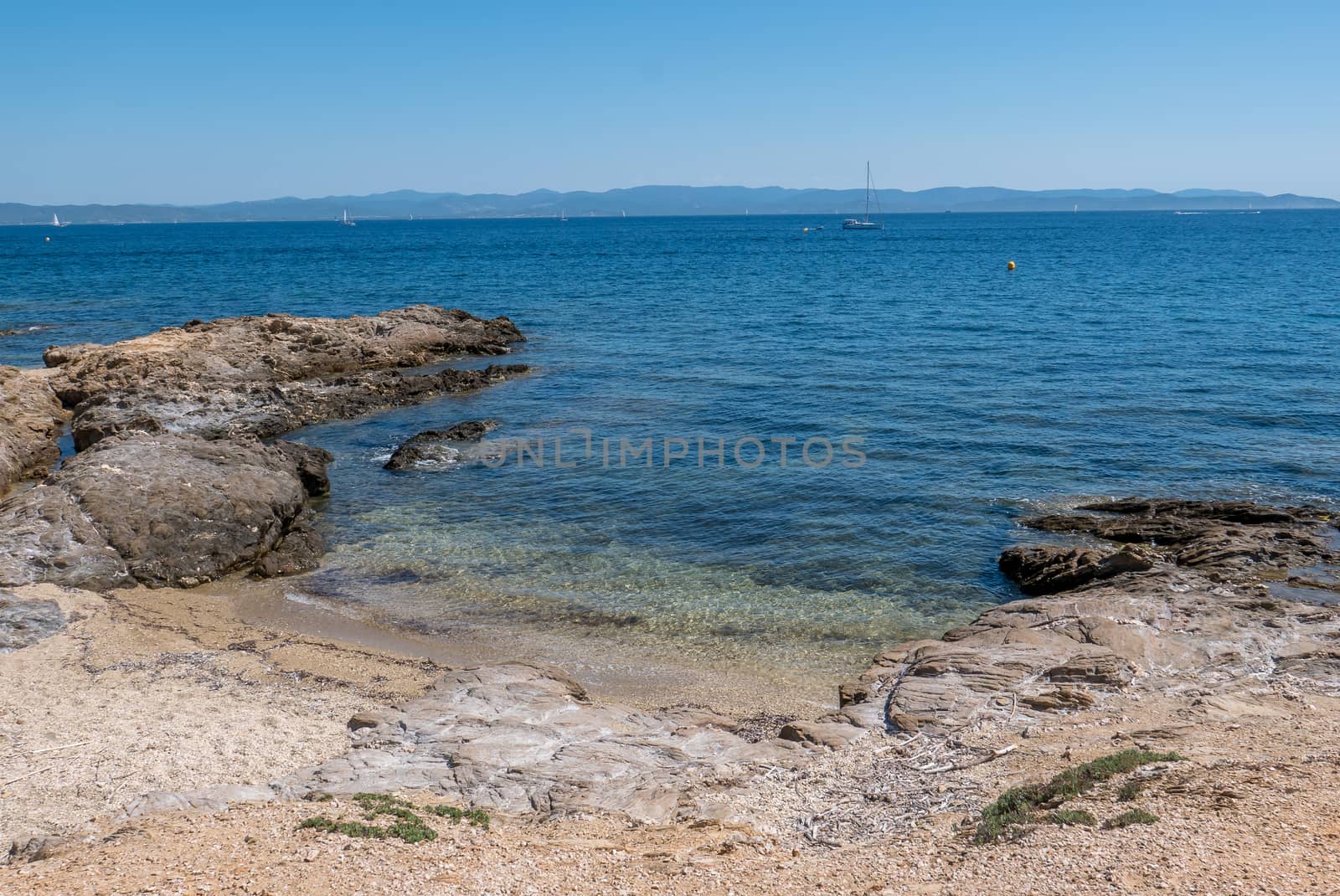 Discovery of the island of Porquerolles in summer. Deserted beaches and pine trees in this landscape of the French Riviera, Var.