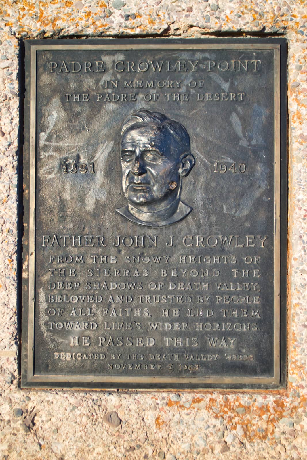 Death Valley, USA, November 2013: Padre Crowley point memorial plaque in Death Valley