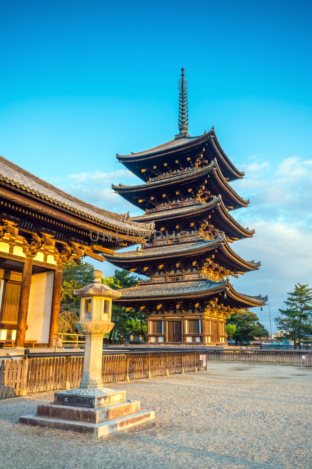 Five story pagoda in Nara , Japan with blue sky