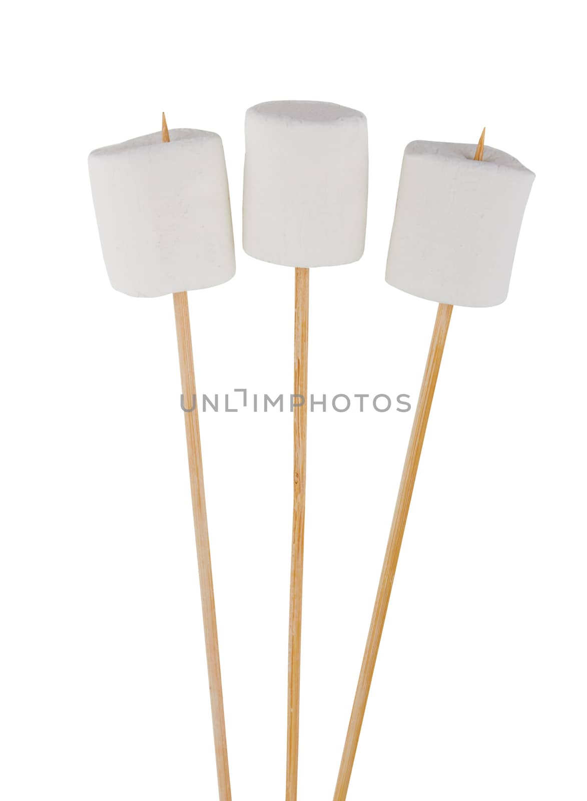 Marshmallow on a wooden stick isolated on white background