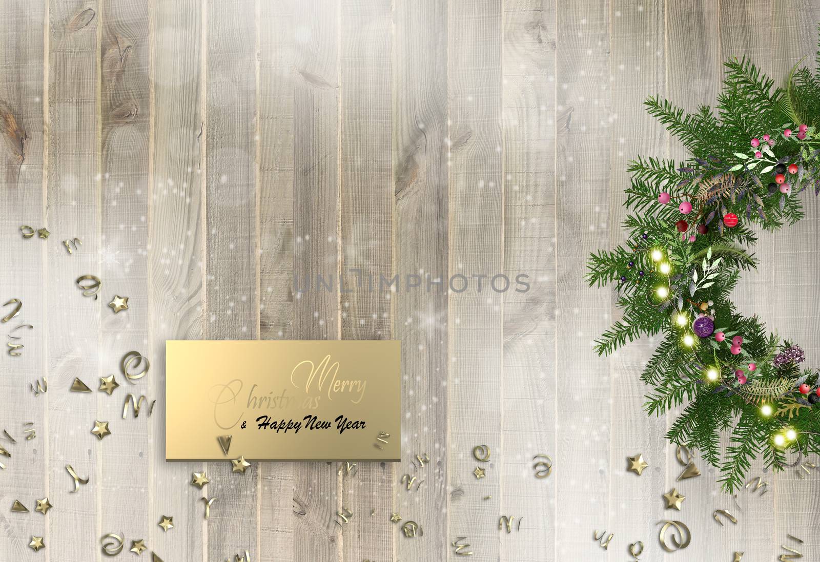 Horizontal Xmas banner on wood with realistic 3D Christmas symbol wreath fir, gold confetti on wooden background with snow. Gold text Merry Christmas. Horizontal 3D illustration. Flat lay, top view