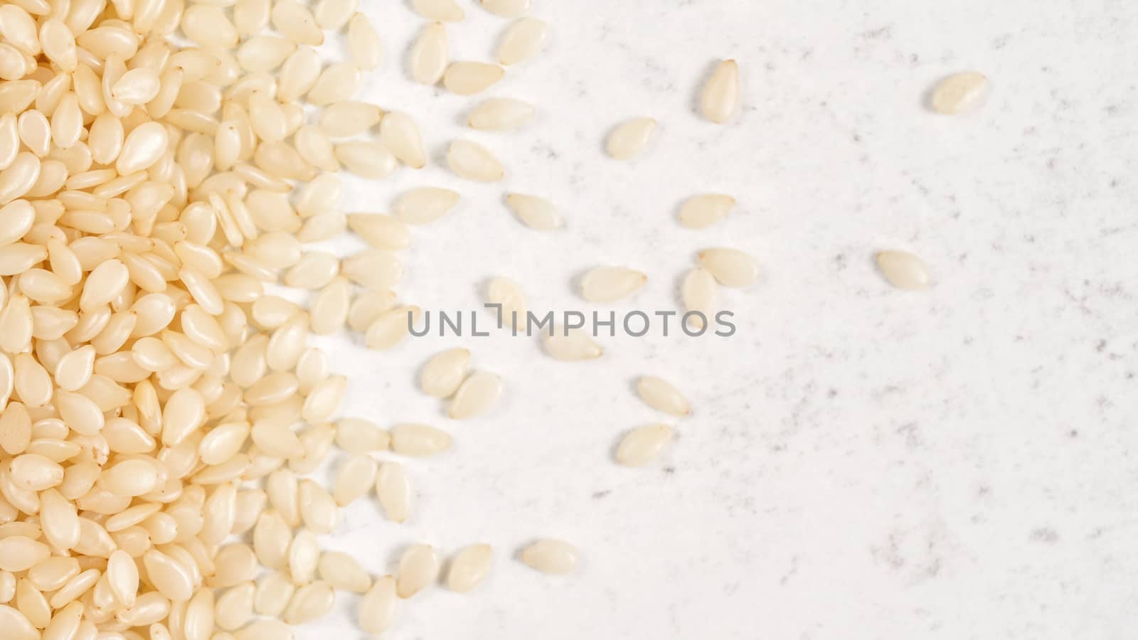 White sesame - Sesamum indicum - seeds on white stone like board, view from above.