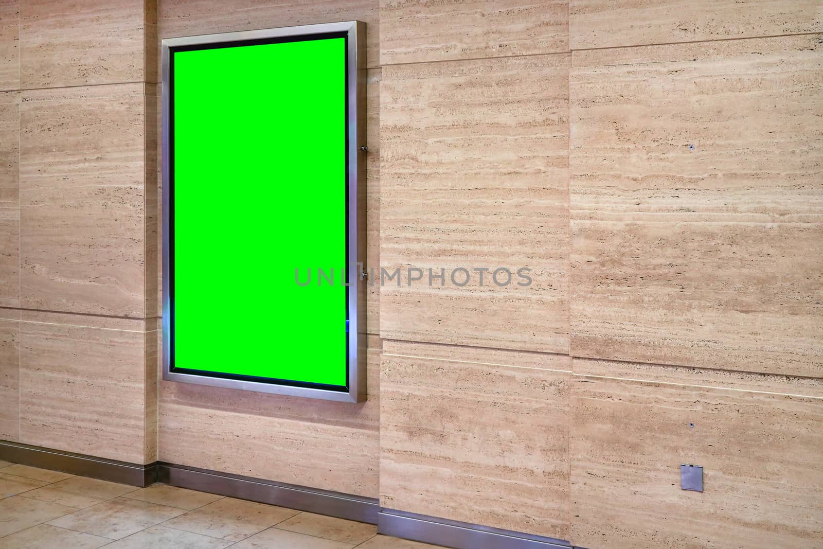 Wall with light display ad board in steel frame - green color advertisement mock up.