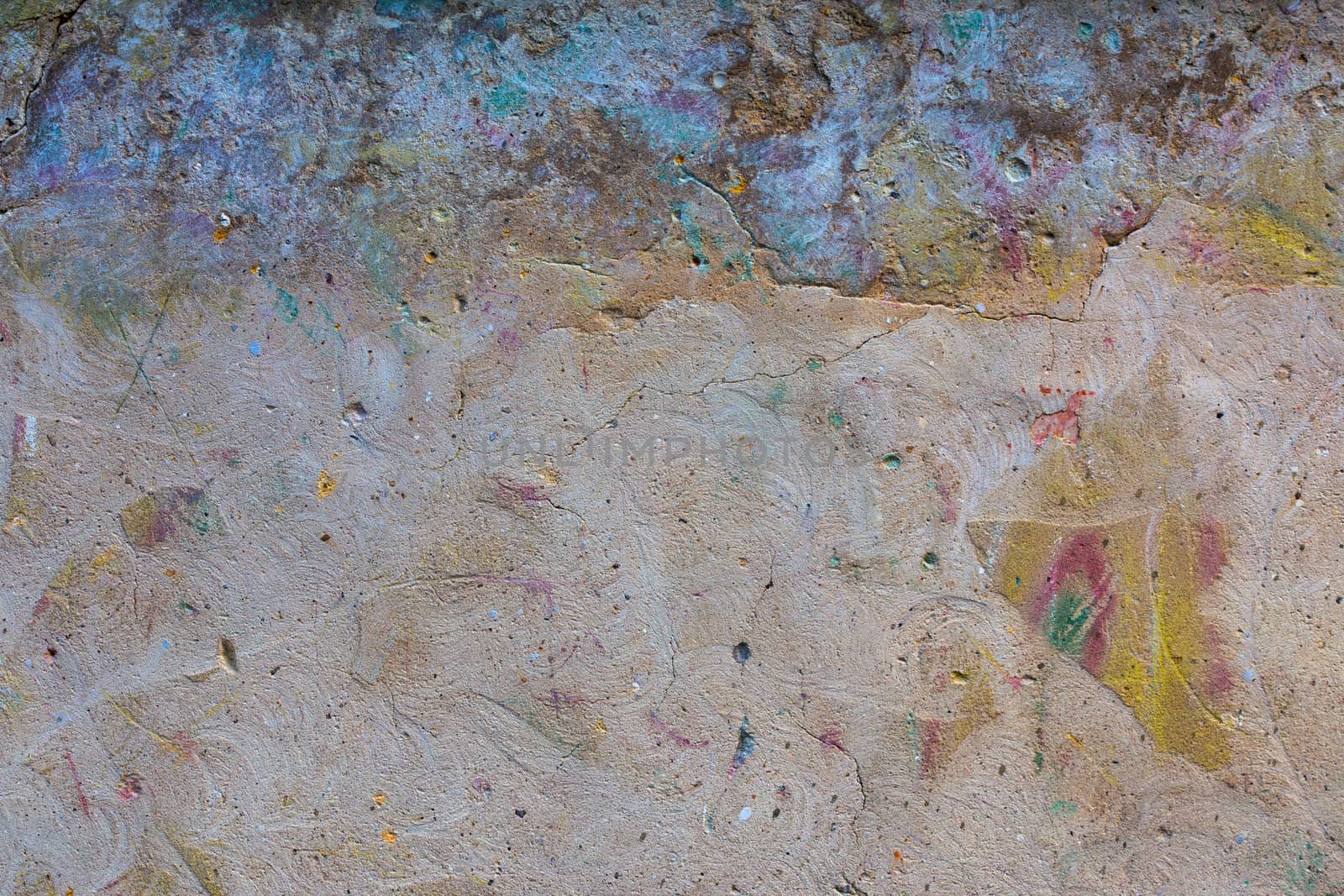 wiped graffity plaster wall flat colorful textured background with round scratches