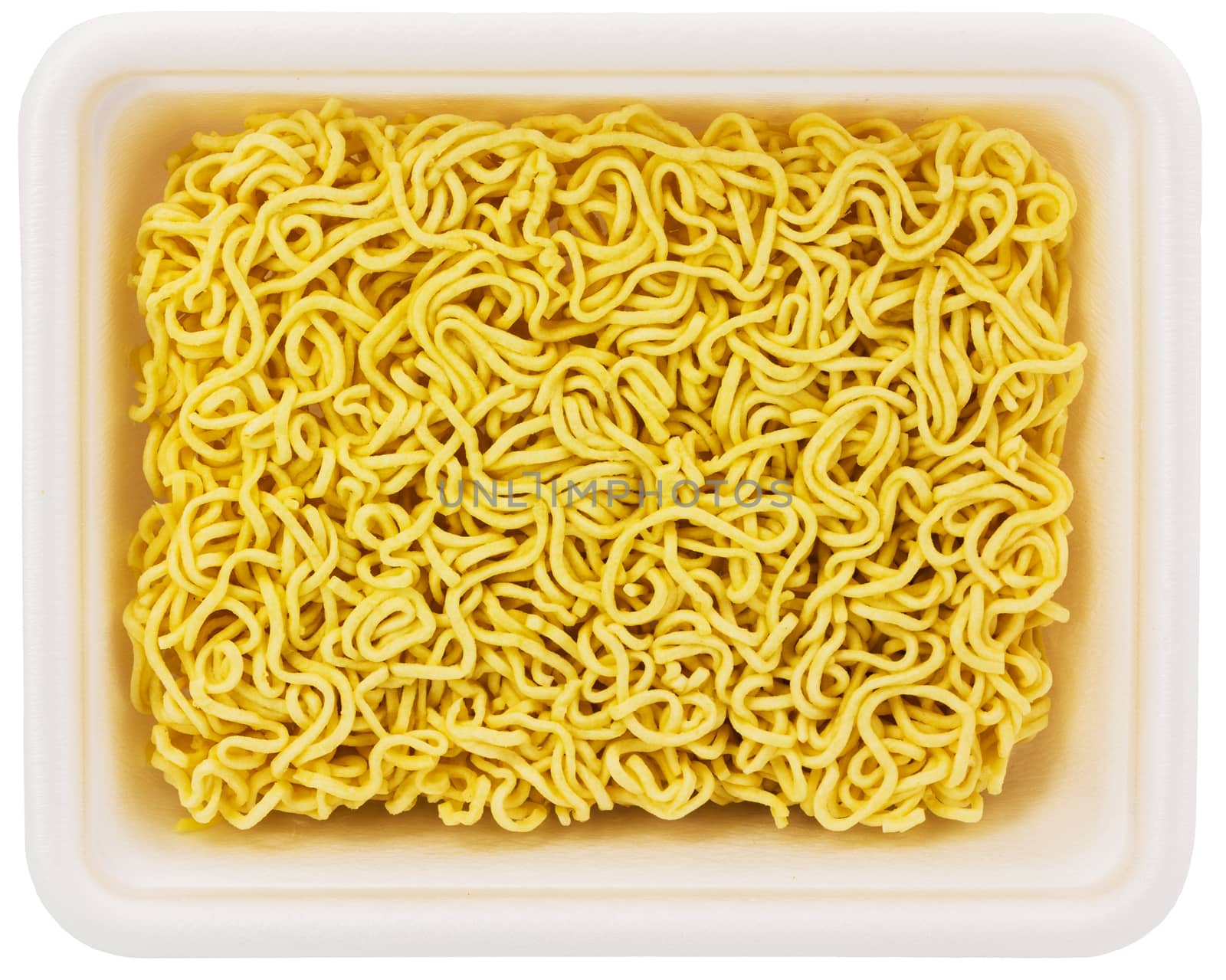 uncooked instant noodle in rectangular styrofoam cup isolated on white background - top flat lay view