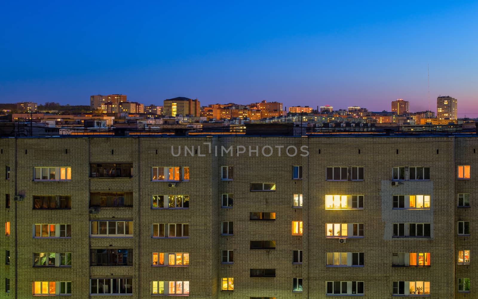 night russian city living house with citysczpe background