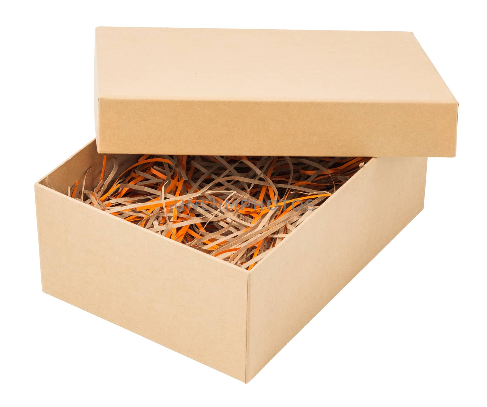 opened cardboard box with colored paper straw isolated on white background