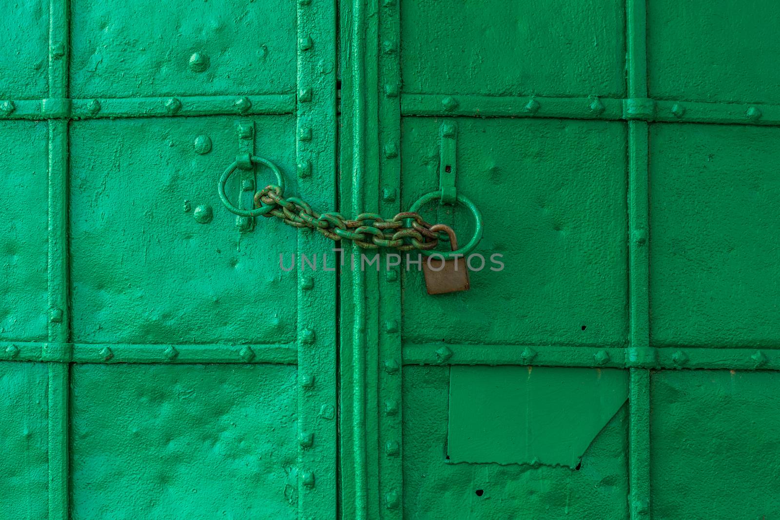 fresh painted old riveted iron double door with two rings