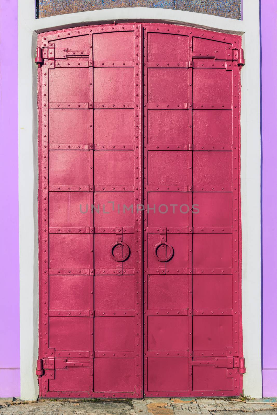 fresh painted old riveted iron double door with two rings