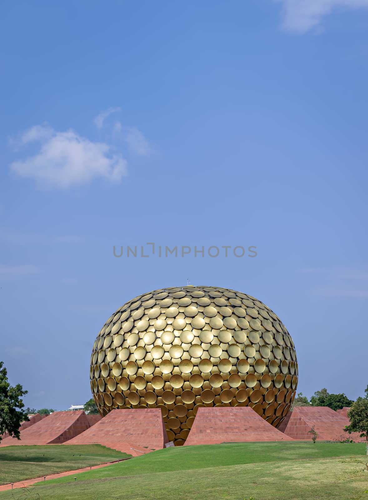 Golden dome of Matrimandir , an edifice of spiritual significance for practitioners of Integral yoga, in the center of Auroville ,Pondicherry,India.