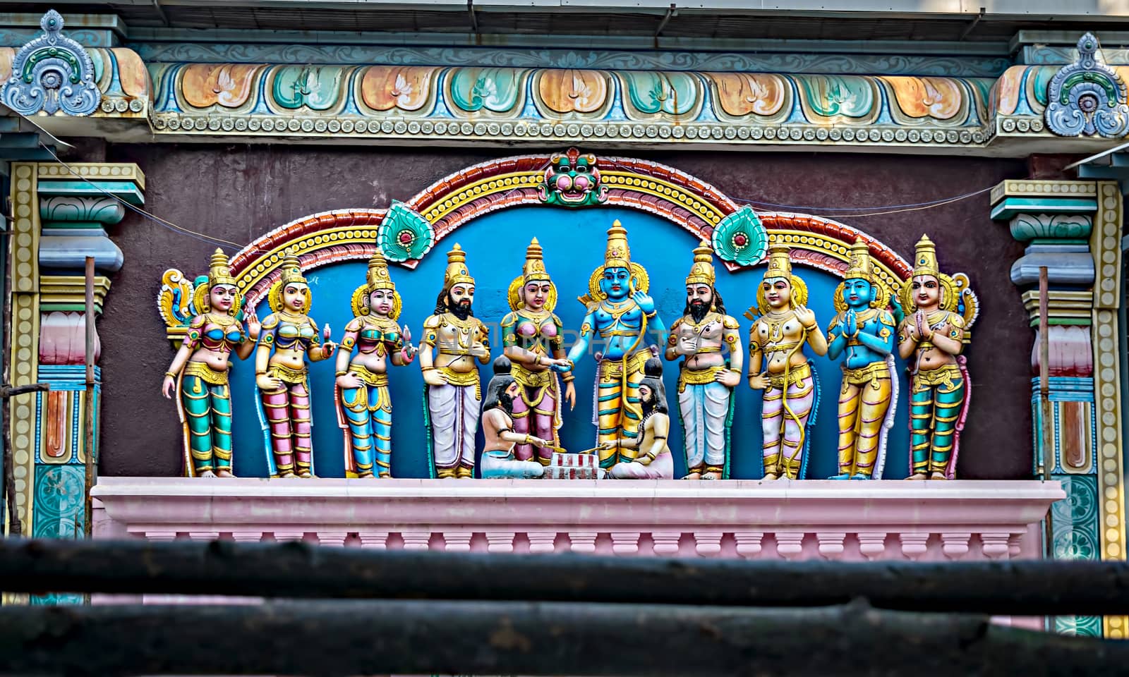 Carved and painted view of God Rama's marriage scene at Panchamukha Anjaneya Swami temple, Pondicherry,India.