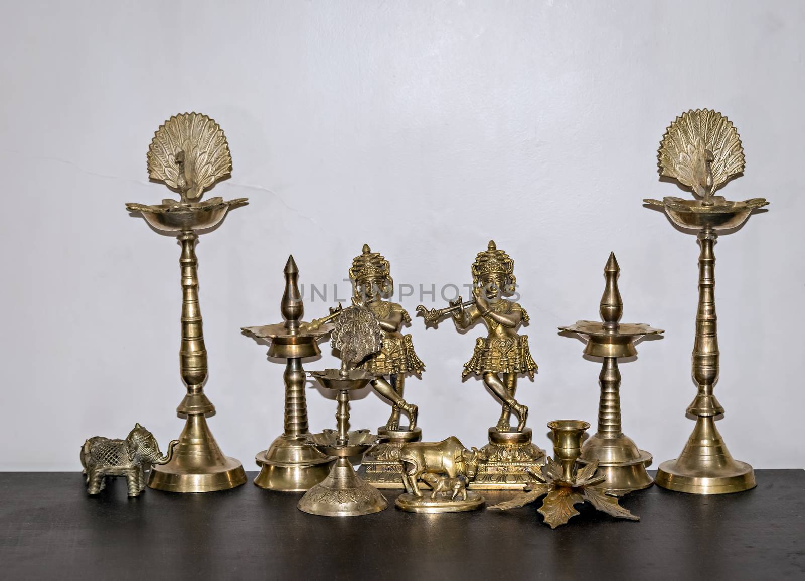 Assorted Indian Pooja articles items set made up of brass. by lalam