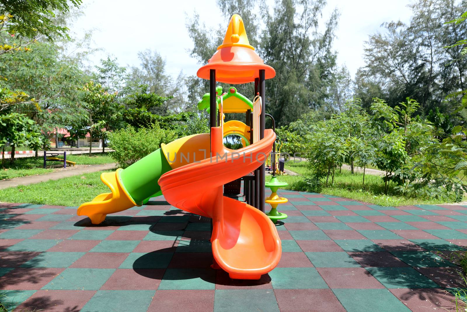 Colorful outdoor children playground in the park During the day.