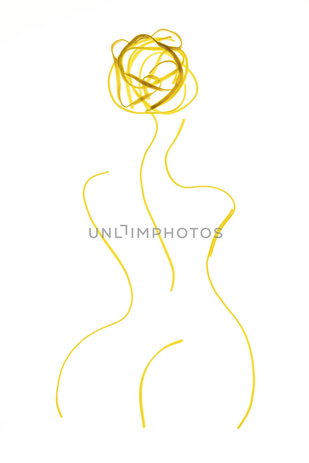 Swirls of cooked spaghetti. Spaghetti in the shape of a woman's body