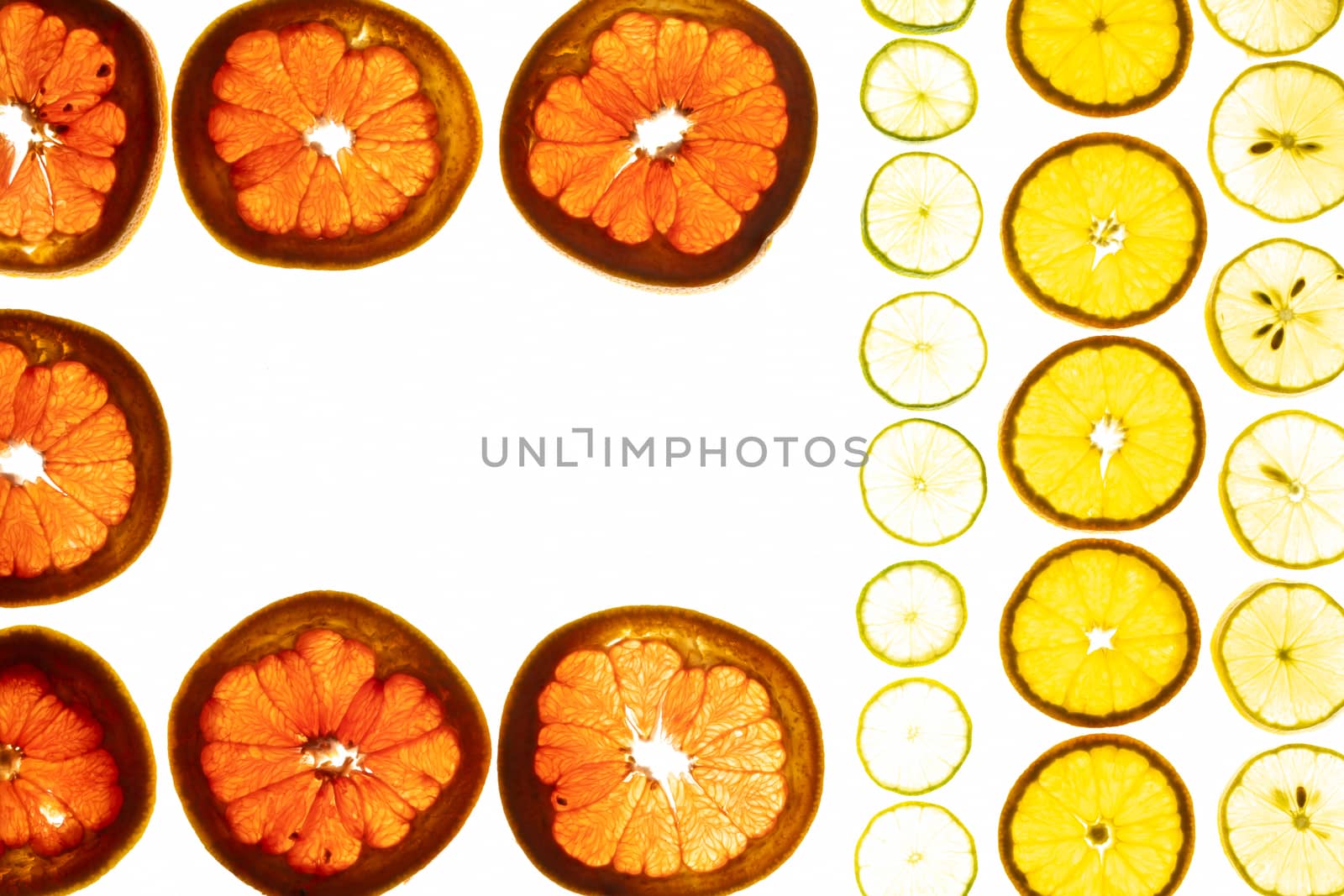 top view of slices of citrus fruits isolated on white background. by sashokddt