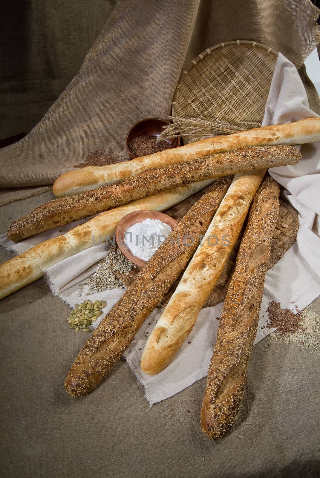 Different kinds of bread and pastry