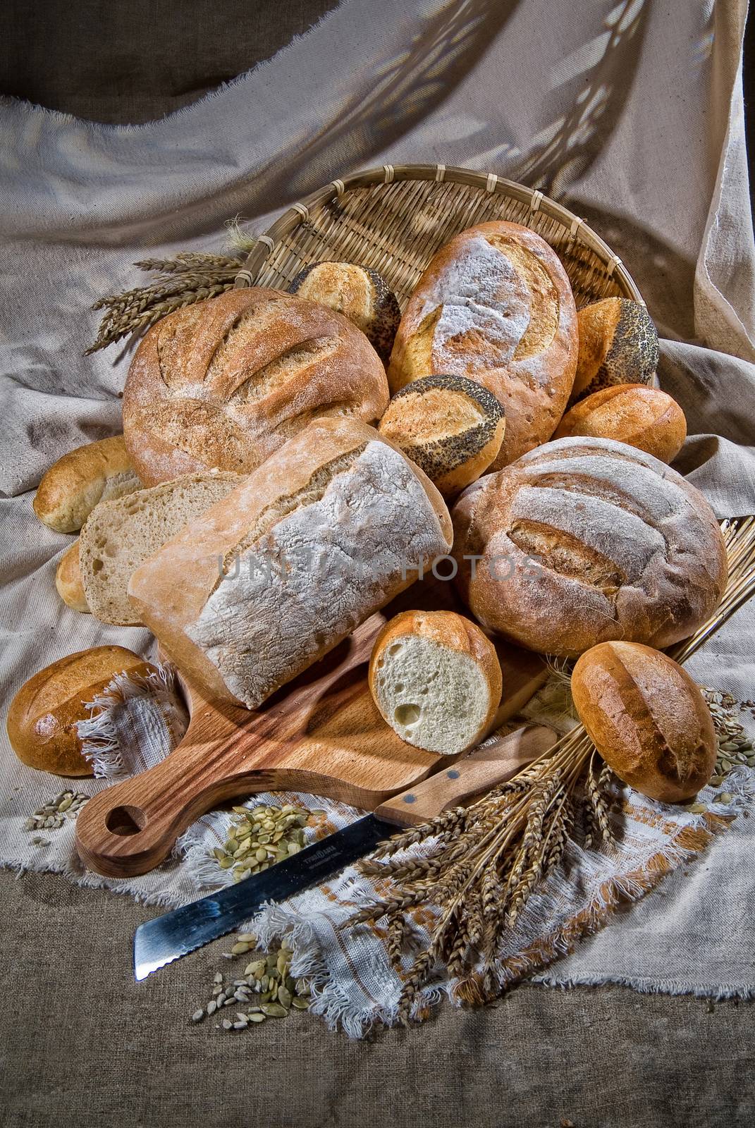 Different kinds of bread and pastry