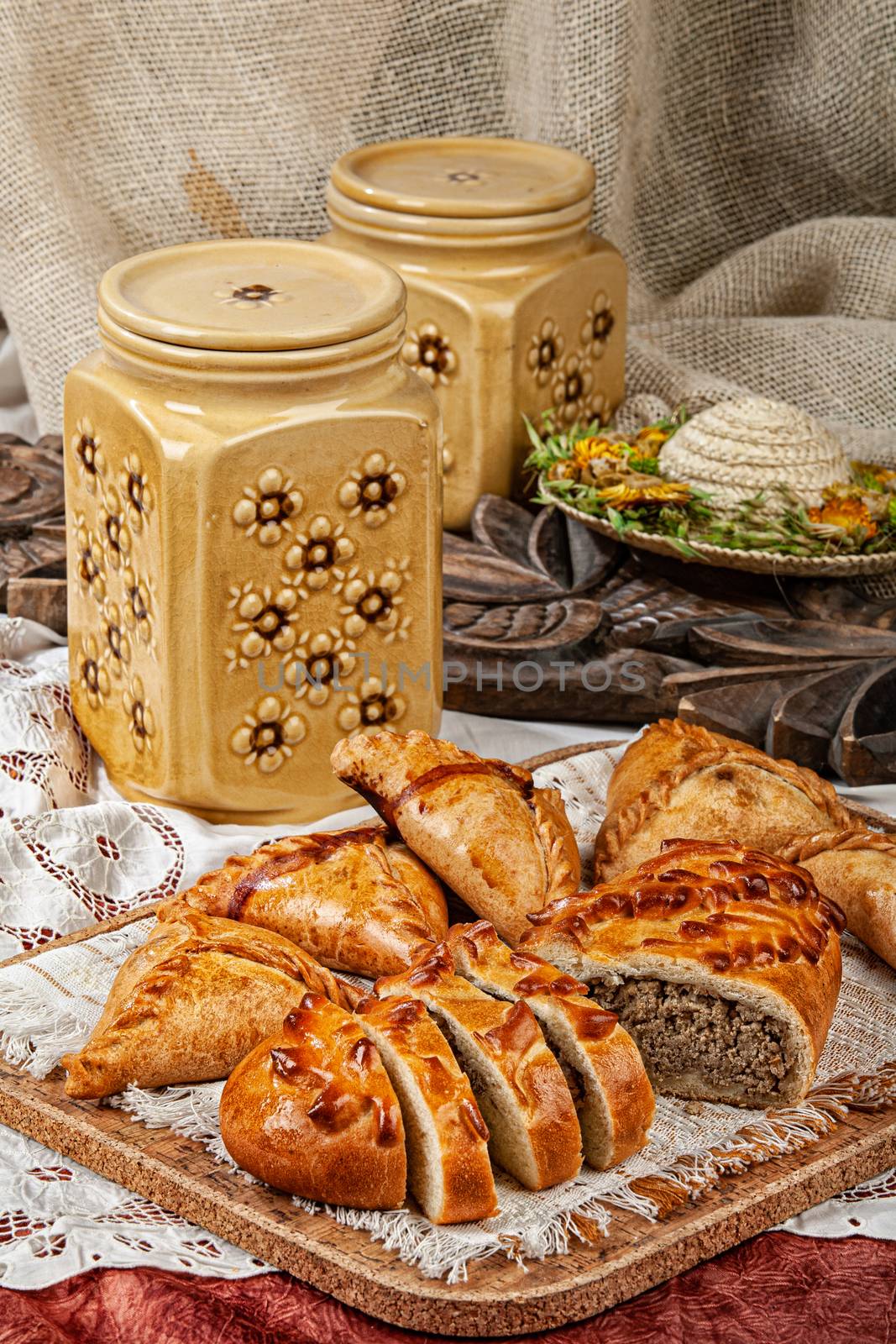 Still life with pies in Russian country style