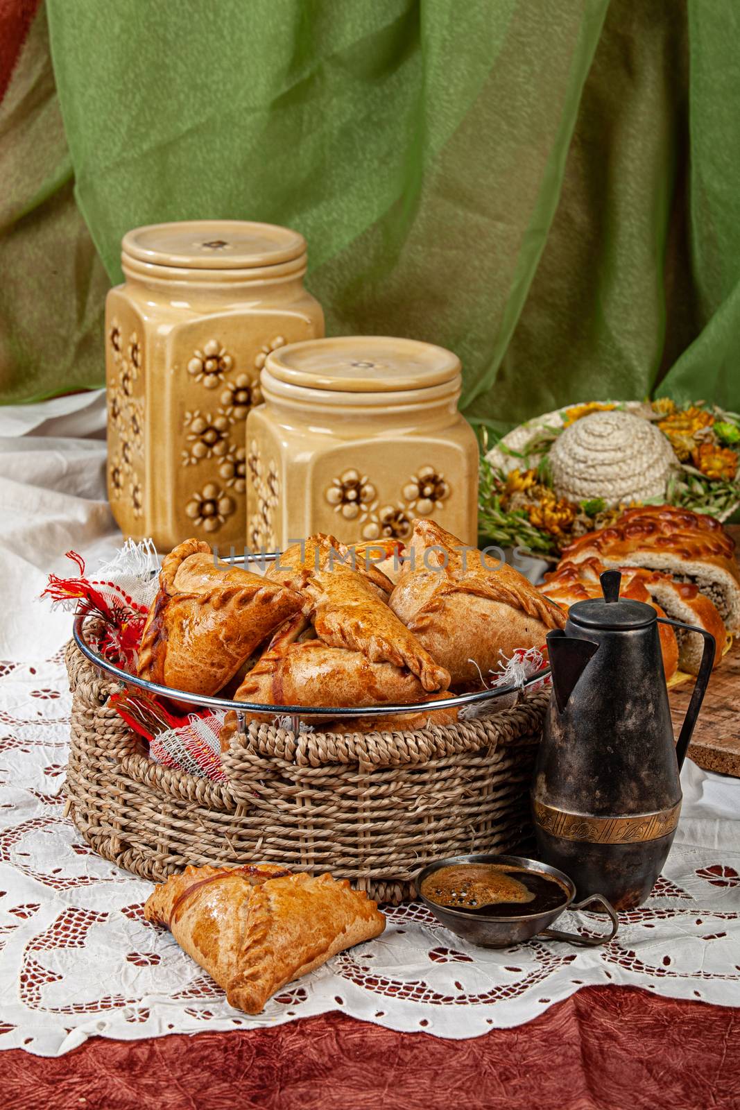 Still life with pies in Russian country style