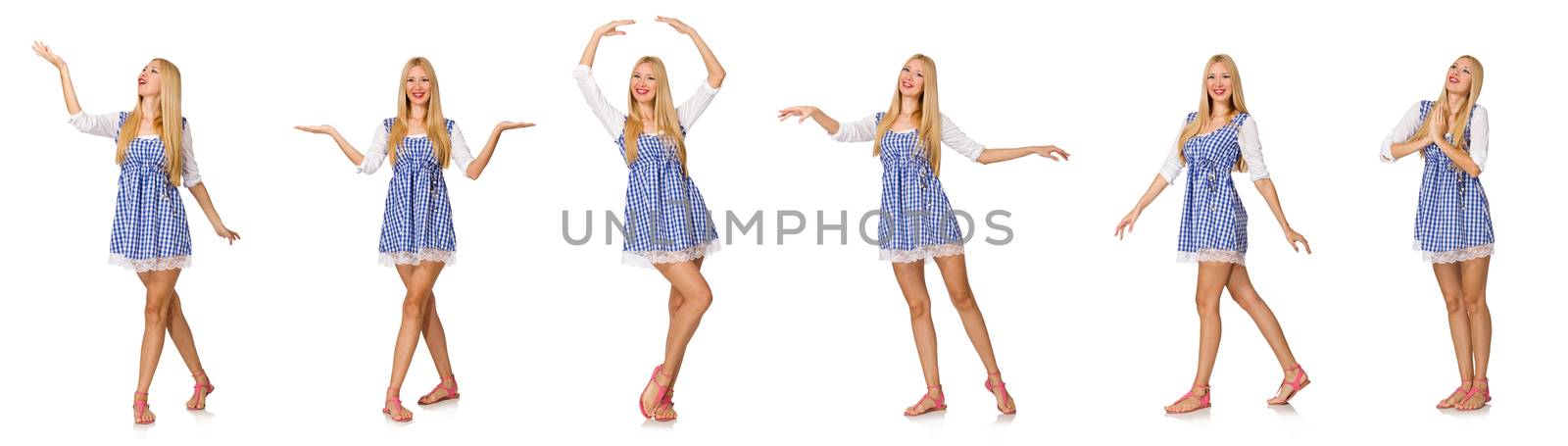 Caucasian woman in plaid blue dress isolated on white