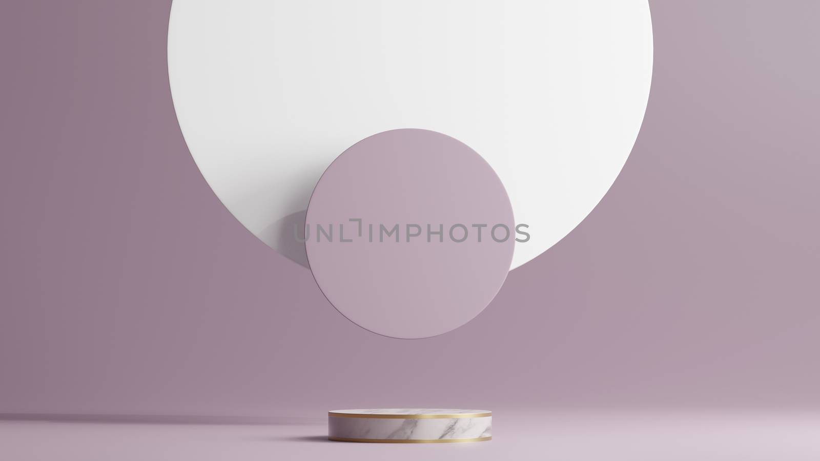 Minimal scene with white marble podium and abstract background round shapes. Purple colors scene. 3d rendering.