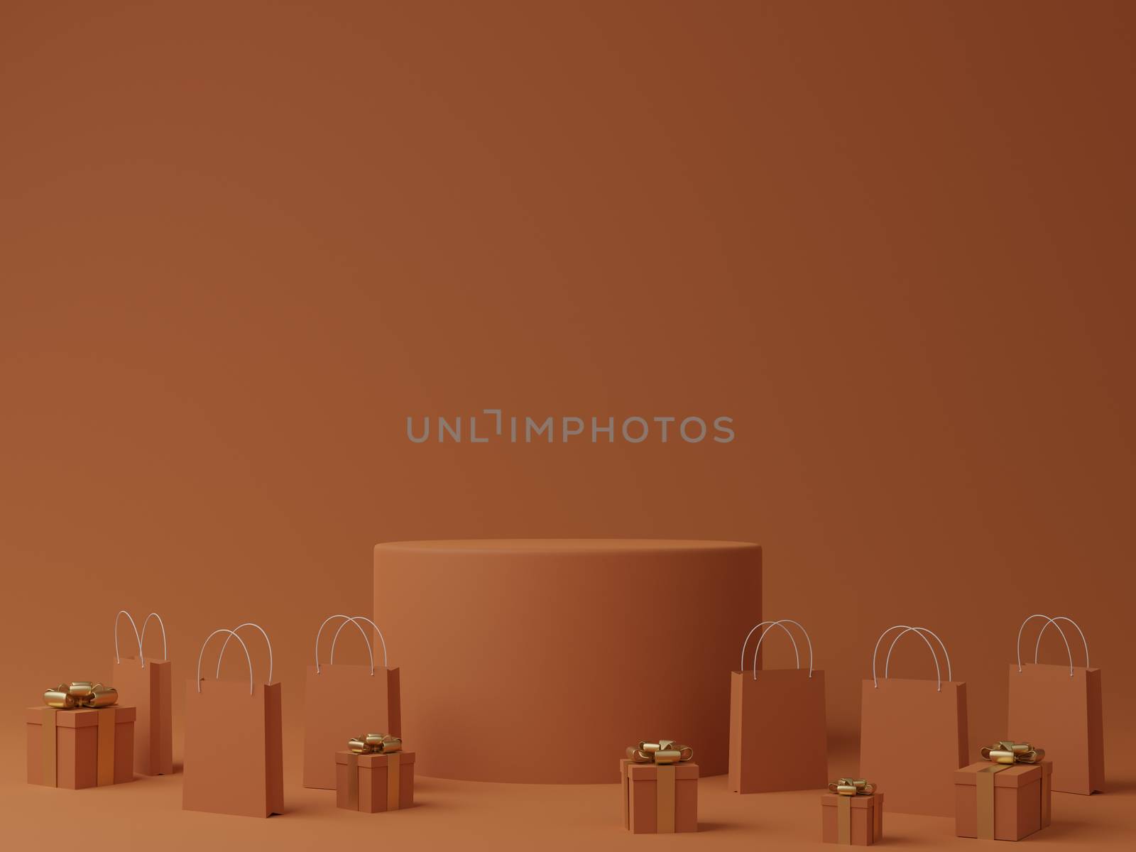 Minimal orange background with podium, gift box and shopping bag for product. 3D rendering.