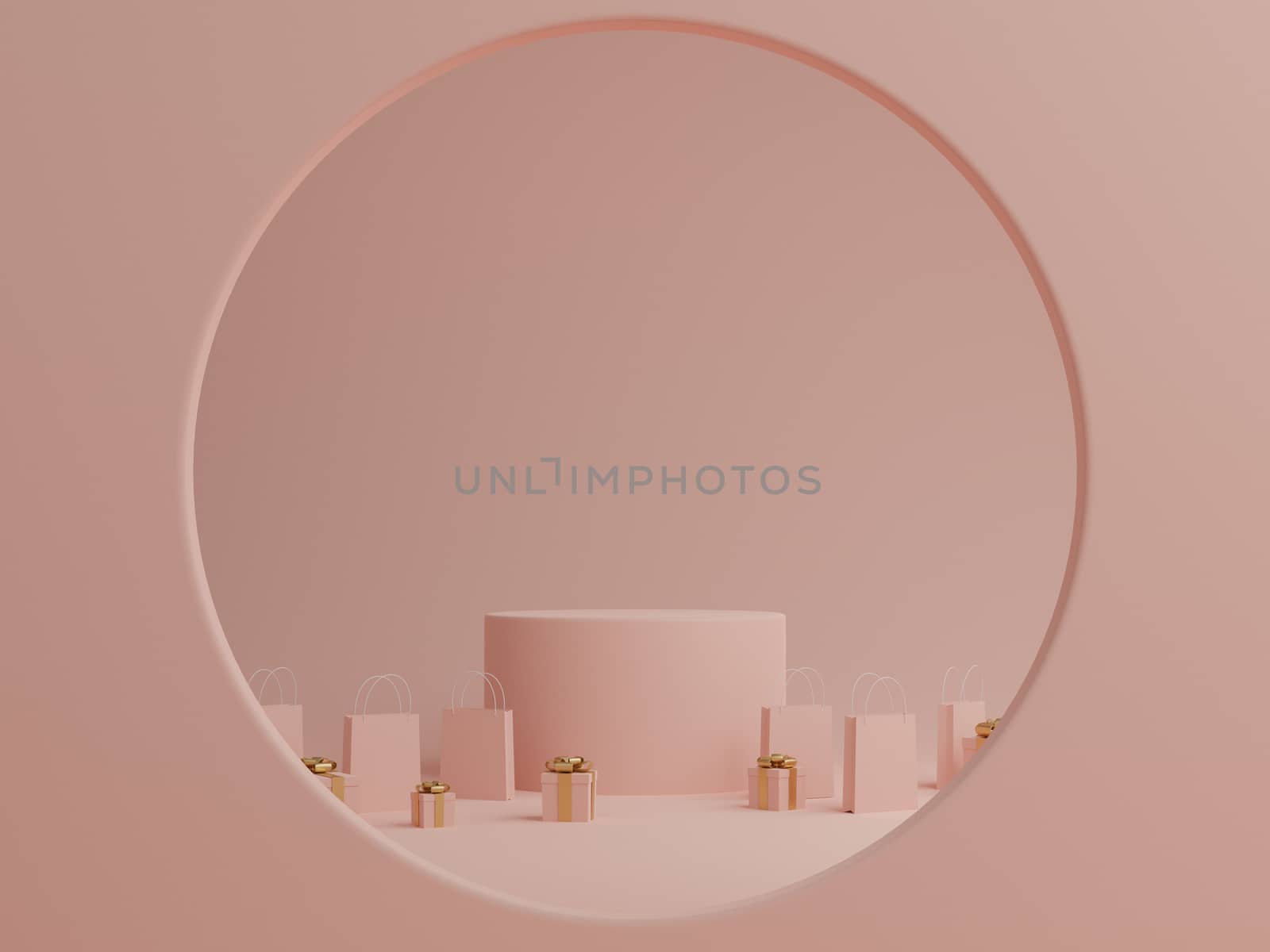 Minimal pink pastel background with podium, gift box and shopping bag for product. 3D rendering.