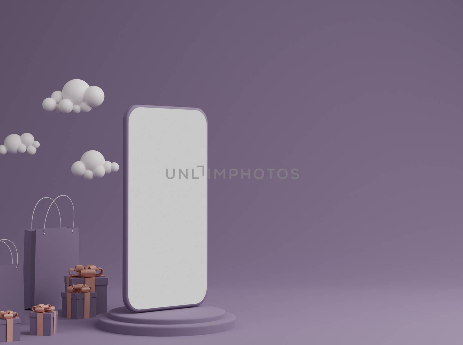 Purple background with empty white screen mobile mockup, gift box and shopping bag for advertisement. 3D rendering.