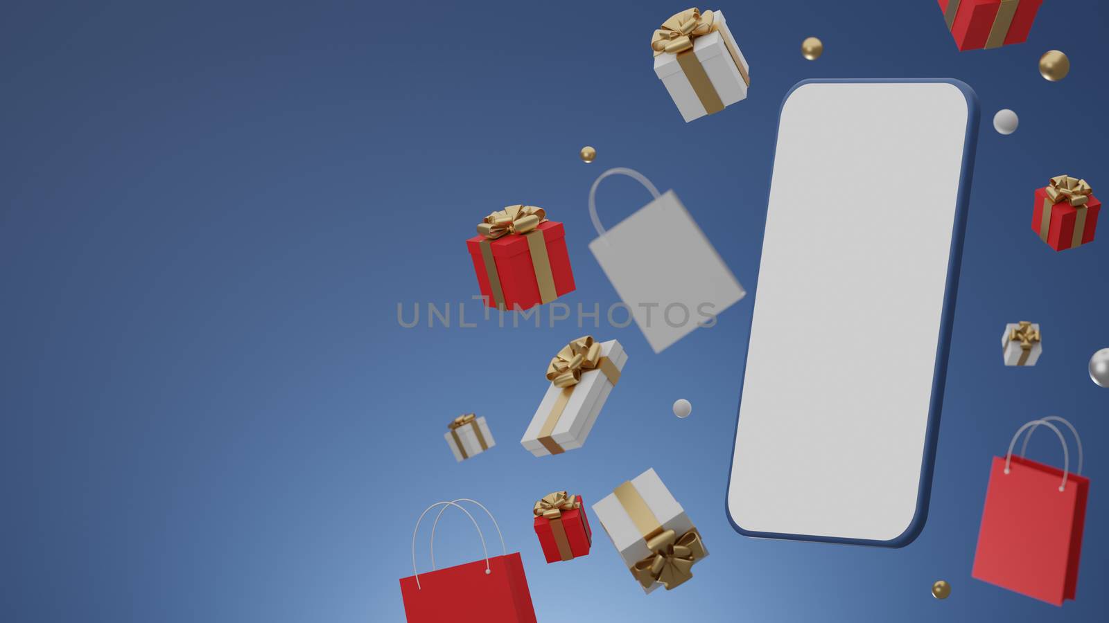 Blue background with empty white screen mobile mockup, gift box and shopping bag for advertisement. 3D rendering.