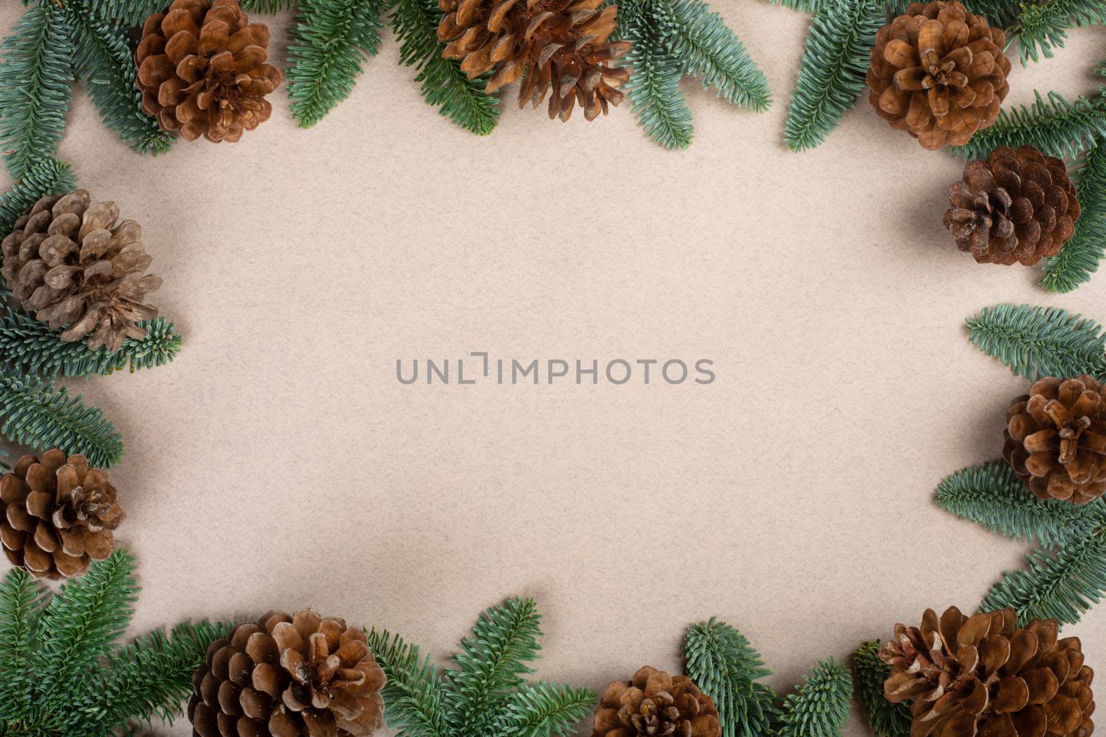 Traditional green christmas tree noble fir and cones border frame on craft paper background copy space for text