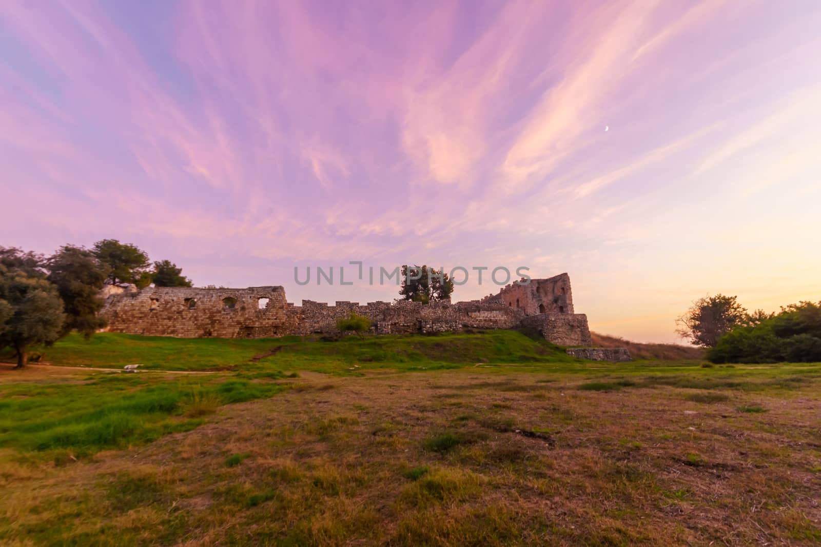 Sunset view of the Antipatris Fort (Binar Bashi), in Yarkon (Tel Afek) National Park, central Israel