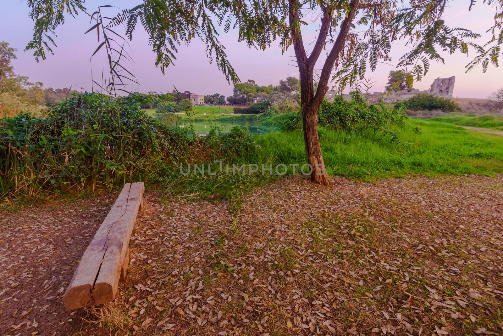 Sunset view of the lake, with the Antipatris Fort (Binar Bashi), in Yarkon (Tel Afek) National Park, central Israel