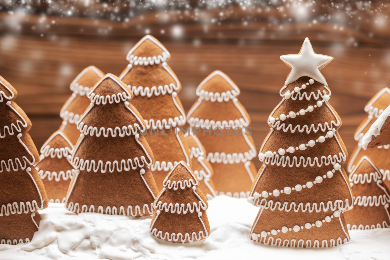 Gingerbread christmas fir trees cookies forest in snow winter holiday celebration concept