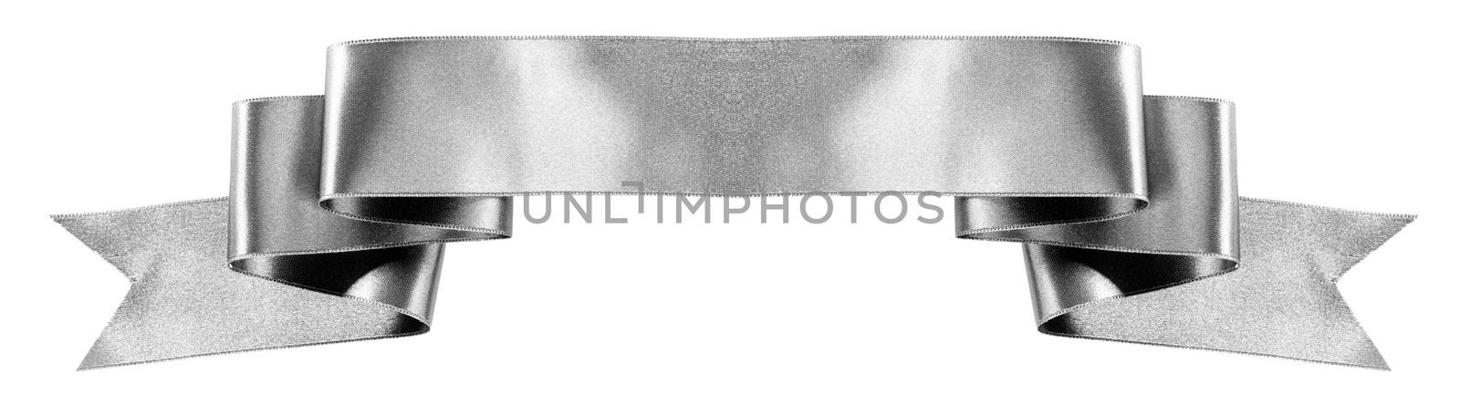 Silver satin ribbon banner with copy space isolated on white background