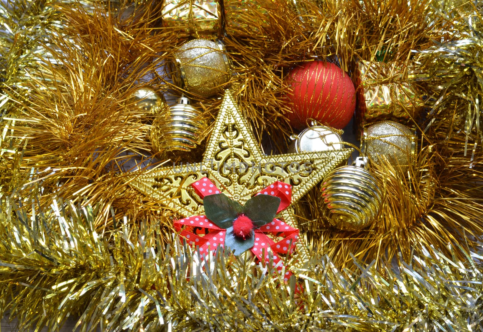 Christmas frame. Christmas balls, garland, red and golden decorations on white background. Flat lay, top view, copy space by lucia_fox