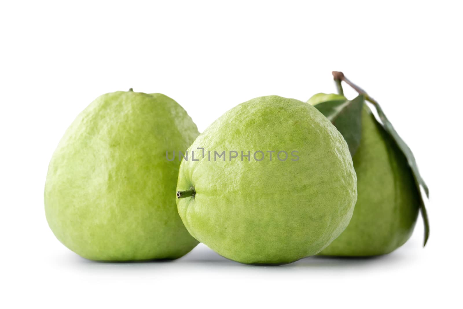 Beautiful delicious guava fruit with fresh green leaves isolated on white background, clipping path, cut out.