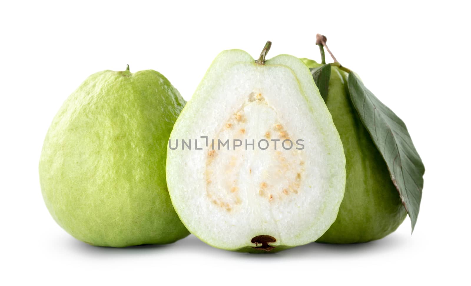 Beautiful delicious guava fruit with fresh green leaves isolated on white background, clipping path, cut out.