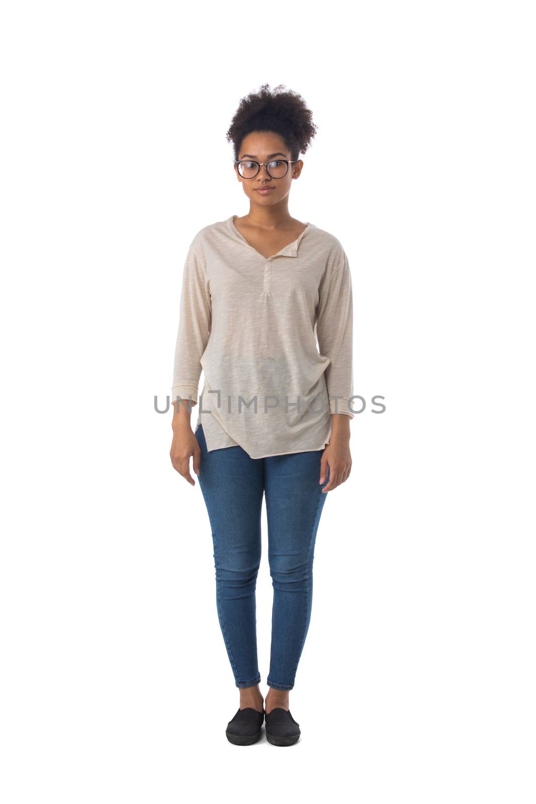 Full length portrait of african american mixed race woman isolated on white background, casual people