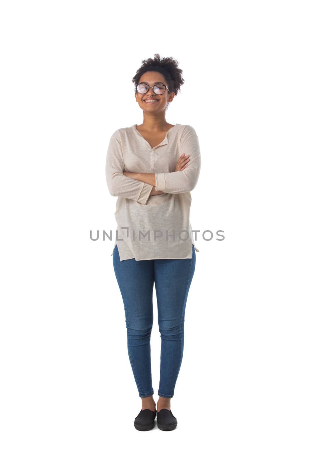 Full length portrait of african american mixed race woman with arms folded isolated on white background, casual people